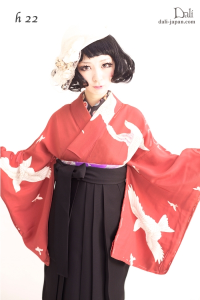 赤い鶴が舞うアンティークお着物の袴スタイル