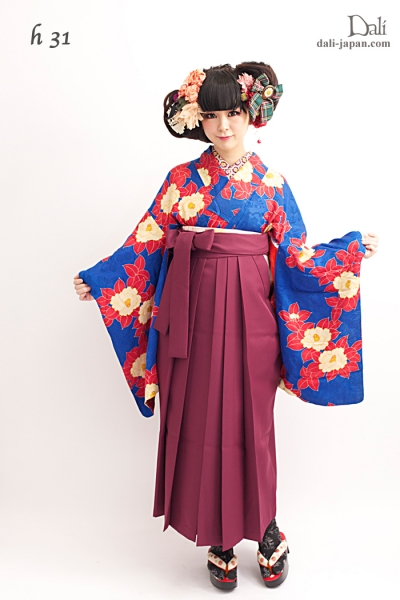 青と赤のアンティークお着物の袴スタイル